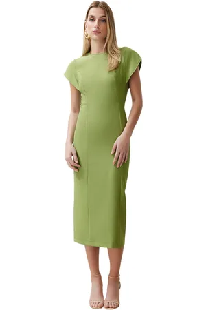 Trendyol Dusty Rose Bodycon Midi-Kokerrok Met Lage Mouwen En Ronde Hals, Geweven Jurk Twoss24El00608