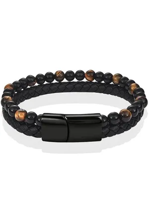 Memphis Heren armband zwart leer Tijgeroog kralen Edelstaal magneet sluiting - 22cm