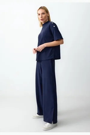 Jimmy Key Marineblauwe, Wijde, Getextureerde Broek