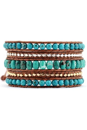 Marama Wikkelarmband Waves - bruin leer - half-edelstenen - 3 sluitingen - 83 cm - cadeautje voor haar
