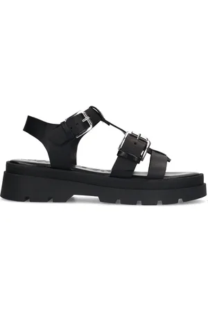 Sacha Dames - Zwarte leren plateau sandalen met goudkleurige buckles
