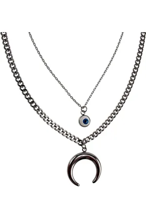 esde2 Gelaagde Ketting Dames - Gepolijst RVS - Dubbele Ketting met Halve Maan en Turks Oog – Verstelbaar 41cm tot 46cm