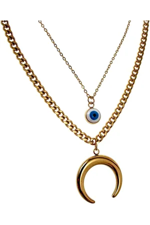 esde2 Gelaagde Ketting Dames - Verguld RVS - Dubbele Ketting met Halve Maan en Turks Oog – Verstelbaar 41cm tot 46cm