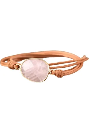 Marama Wikkelarmband Rozenkwarts - lichtbruin leer - damesarmband - 80 cm.