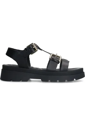 Sacha Dames - Zwarte leren plateau sandalen met goudkleurige buckles