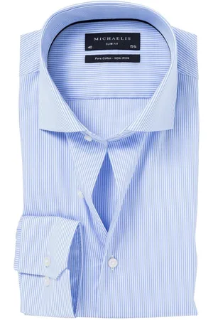 Michaelis Slim Fit overhemd - poplin - lichtblauw met wit gestreept - Strijkvrij - Boordmaat: 37