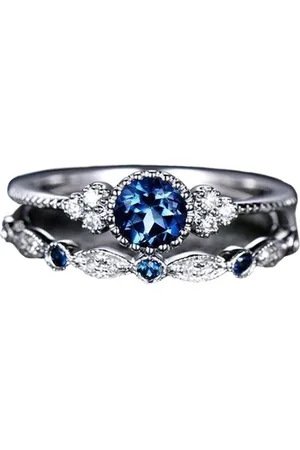 Jaynoi Ring blauwe steen (set) - Met edelsteen - Ring met steen dames - Ring zilver kleurig staal - ring dames ringen set van 2