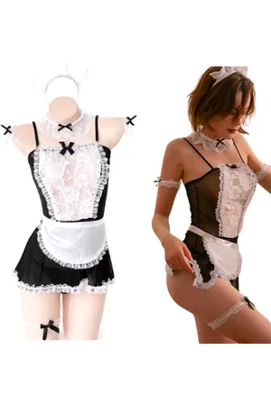 Merkloos Sexy Schoonmaakster Pakje - 8 Delig Setje - Jurkje, Kousen, String, Schort, Armbandjes, Dijband, Choker, Haarband - Rollenspel Lingerie - Dames / Vrouwen Ondergoed - One Size