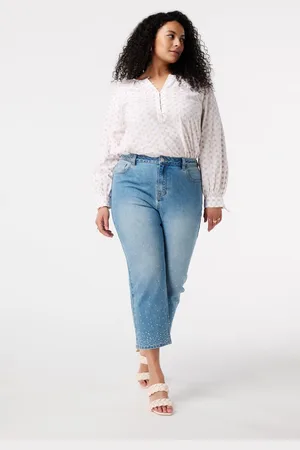 MS Mode Jeans Straight cropped jeans met steentjes