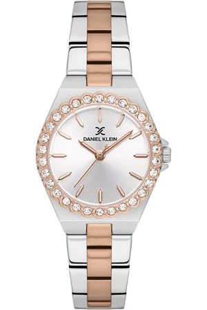 Daniel Klein DK.1.13904-6 - Horloge - Polshorloge - Analoog - Vrouwen - Dames - Stalen band - Rond - Metaal - Streepjes - Zilverkleurig - Goud-Rosékleurig - Briljanten