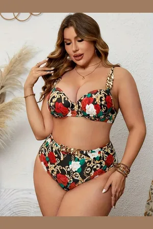 Merkloos Elegante Plus Size Bikini Set- Voorgevormd Beugel Bikini Bloemenprint Dames Badmode- Kettingdetails en Hoogwaardig Stretchmateriaal Badpak 551-