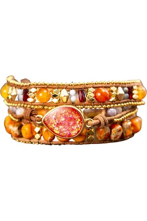 Marama Wikkelarmband Orange Drop - leer - edelsteen Opaal - verstelbaar - damesarmband
