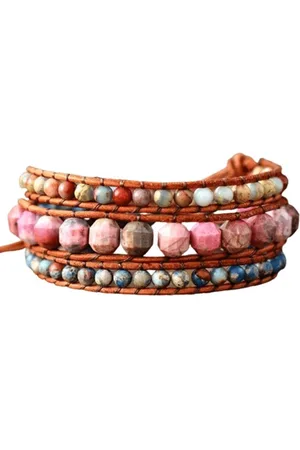 Marama Wikkelarmband Flower Fields - dames armband - leer - Jaspis en Rhodoniet - cadeautje voor haar