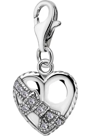 quiges – 925 - Zilver – Charm - Bedel - Hanger - 3D Hart met Lint - met – sterling - zilver - karabijnslot - geschikt - voor -Bedelarmband HC120