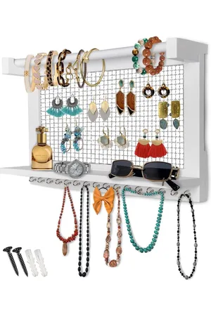 Merkloos Rustieke sieradenorganizer met afneembare armbandstang en 16 haken - perfect voor oorbellen, kettingen en armbanden - vintage sieradendisplay sieradenkast met spiegel