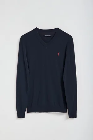 Polo Club® Gebreide marineblauwe trui met V-hals en geborduurd Rigby Go-logo