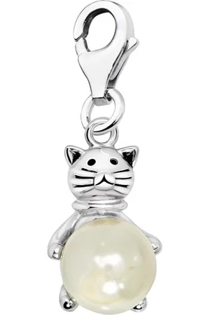 quiges – Charm – Hanger - 3D Kat met Parel - Verzilverd - karabijnslot - geschikt - voor - Bedelarmband - QHC056