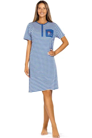 Comtessa Dames nachthemd - Korte mouw - Blauw wit gestreept