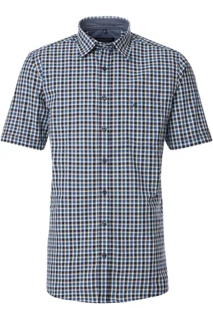 Casa Moda Sport comfort fit overhemd - korte mouw - chambray - blauw geruit - Strijkvriendelijk - Boordmaat: 45 - 46