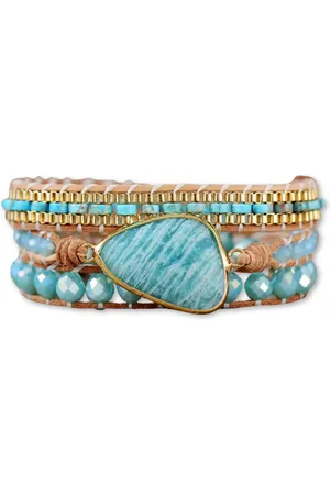 Marama Wikkelarmband Blue Lake - damesarmband - leer - edelsteen Amazoniet - gouden details - one size fits all - cadeau dames