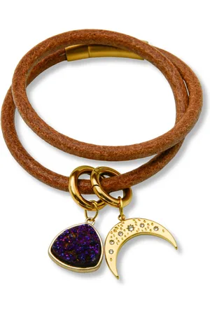 Marama Wikkelarmband Leer - damesarmband - 2 afneembare hangers - mat gouden kliksluiting - edelsteen Druzy Agaat - Maan met strass-steentjes