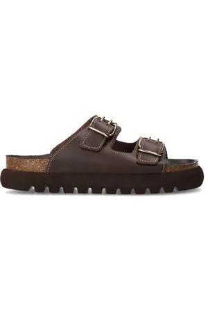 Sacha Dames - Donkerbruine leren slippers met zilverkleurige buckles