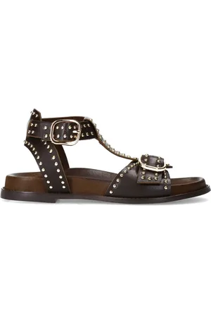 Sacha Dames - Donkerbruine leren sandalen met goudkleurige buckles en studs