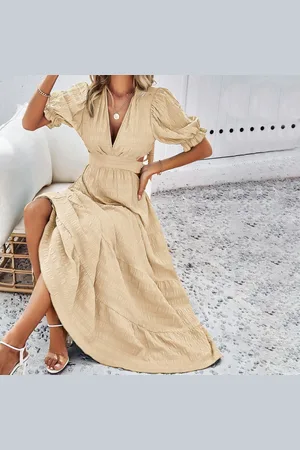 Merkloos Zomerjurk Dames Maxi-jurk Korte Mouw Casual V-hals Boho Lange Jurk S