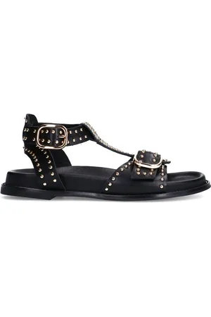 Sacha Dames - Zwarte leren sandalen met goudkleurige buckles en studs