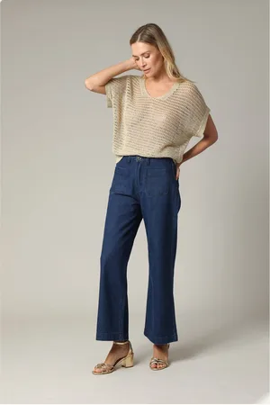 Deeluxe Losse viscose trui geheel in beige lurex gehaakt S