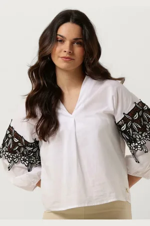 Jansen Amsterdam Cv777 Cotton Voile Blouse With Black/white Lace Detail 3/4 Sleeve Blouses Dames -