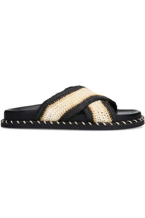 Sacha Dames - Zwarte plateauslippers met beige band