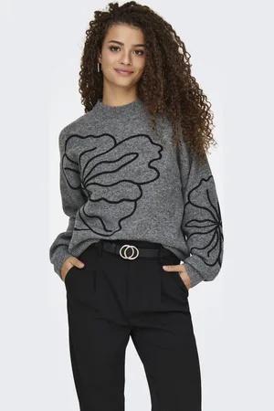 JDY Jacqueline de Yong Trui jella L/s Flower Pullover Knt 15344518 Dark Grey Melange Dames