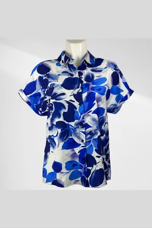 Merkloos Suzzy Emilly - Blauwe Bloemen Blousje met Korte Mouwen - Luchtig & Comfortabel - in 3 maten beschikbaar