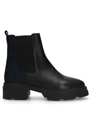 Manfield Dames - Zwarte leren chelsea boots met stoffen achterkant