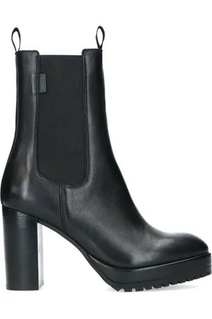Manfield Dames - Zwarte leren chelsea boots met hoge hak