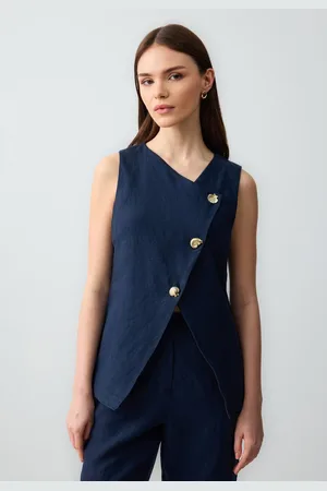 Jimmy Key Slim Fit Linnen Geweven Vest Met Knoopdetail