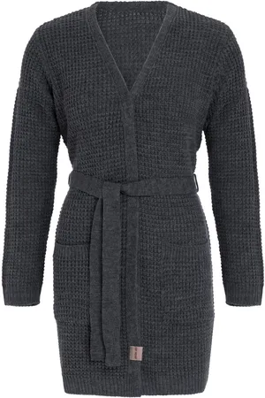 Knit Factory Robin Gebreide Dames Vest - Grof gebreide cardigan - Donkergrijs Damesvest - Middellang vest reikend tot boven de knie - - 40/42 - Met steekzakken
