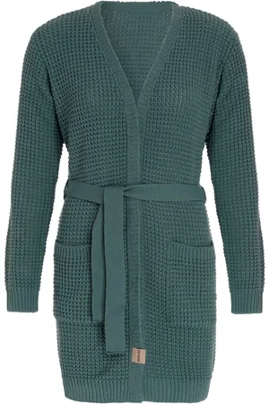 Knit Factory Robin Gebreide Dames Vest - Grof gebreide cardigan - Groen Damesvest - Middellang vest reikend tot boven de knie - - 40/42 - Met steekzakken