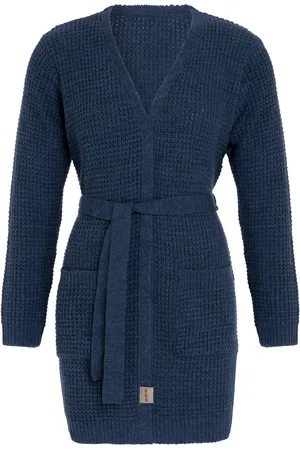 Knit Factory Robin Gebreide Dames Vest - Grof gebreide cardigan - Donkerblauw Damesvest - Middellang vest reikend tot boven de knie - - 40/42 - Met steekzakken