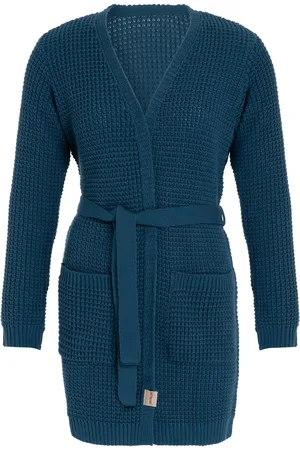 Knit Factory Robin Gebreide Dames Vest - Grof gebreide cardigan - Donkerblauw Damesvest - Middellang vest reikend tot boven de knie - - 40/42 - Met steekzakken