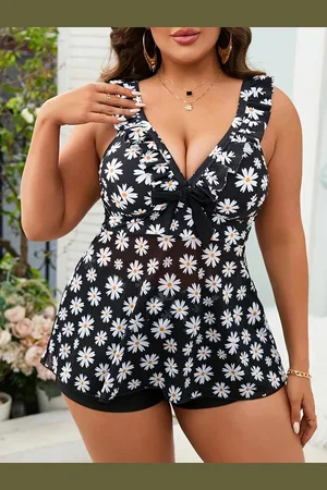 Merkloos Tankini set met bloemenprint- Chique Plus Size Tankini Set met Madeliefjesprint- Ruches & Strikdetail V-Hals- Dames Badpak Bikini Zwempak Zwemjurk 307- Veelkleurig