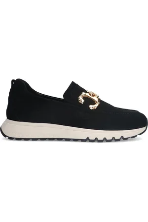 Manfield Dames - Zwarte suède loafers met gouden chain