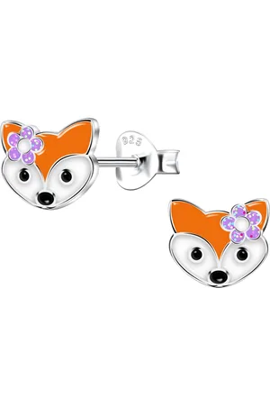JYC Joy|S - Zilveren vos oorbellen - vosje met paars bloemetje - 7 x 6 mm - kinderoorbellen - sterling zilver 925