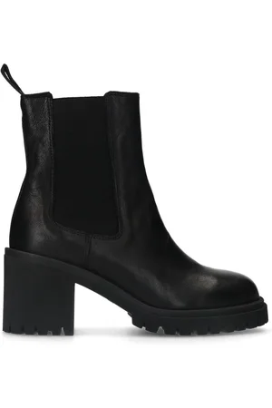 Manfield Dames - Zwarte leren chelsea boots met hak