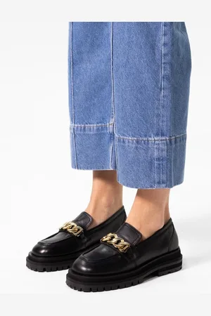 Sacha Dames - Zwarte chunky loafers met goudkleurige chain