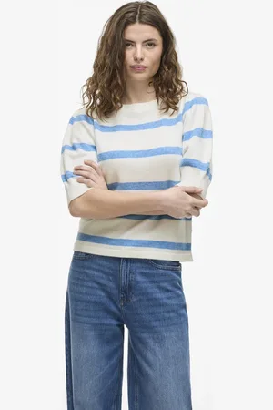 VILA Trui Viril 2/4 Sleeve O-neck Stripe Knit 14108479 White Alyssum/blissful Blue Dames