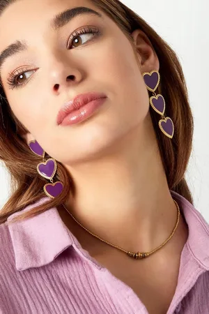 Yehwang Dames oorbellen - Oorbellen drie sierlijke hartjes op een rij - & Goud kleur - Stainless Steel - Falling hearts paarse oorbellen - Leuk voor een verjaardagsgeschenk of cadeau voor jezelf