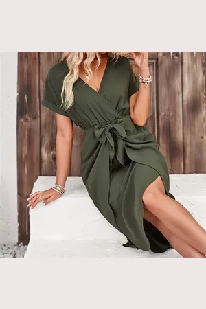 Merkloos Zomerjurk dames knielengte korte mouwen elegante V-hals midi-jurk wikkeljurk feestelijke jurk L