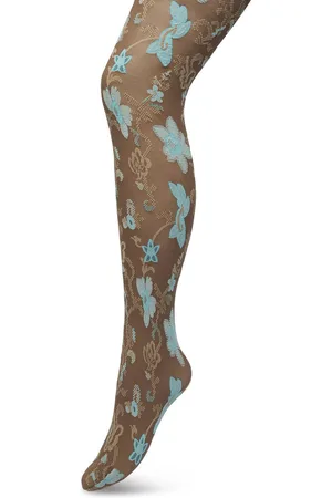 Bonnie Doon Bloemen Panty 60 Denier Bruin Dames maat L/XL- Bloemenprint - Gebloemd - Print - Gladde Naden - Maximaal Draagcomfort - Floral Ornament Tights - Chique Panty - Feestelijk - Bruin/Blauw - - BP221905.158